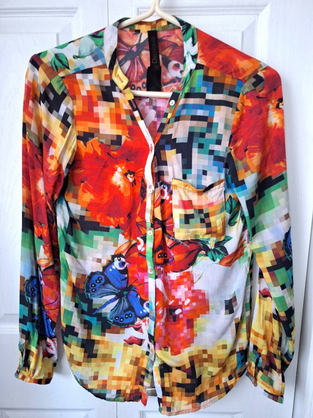 Desigual Colourful Butterfly and Pixels Button Down Top